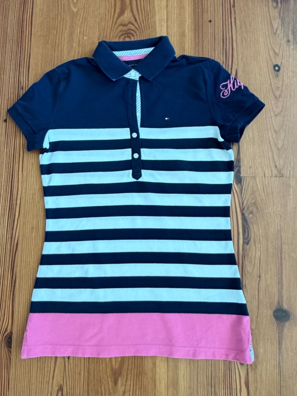 Tommy Hilfiger Women's Polo Shirt Navy and White Stripe with Pink accents SZ XS